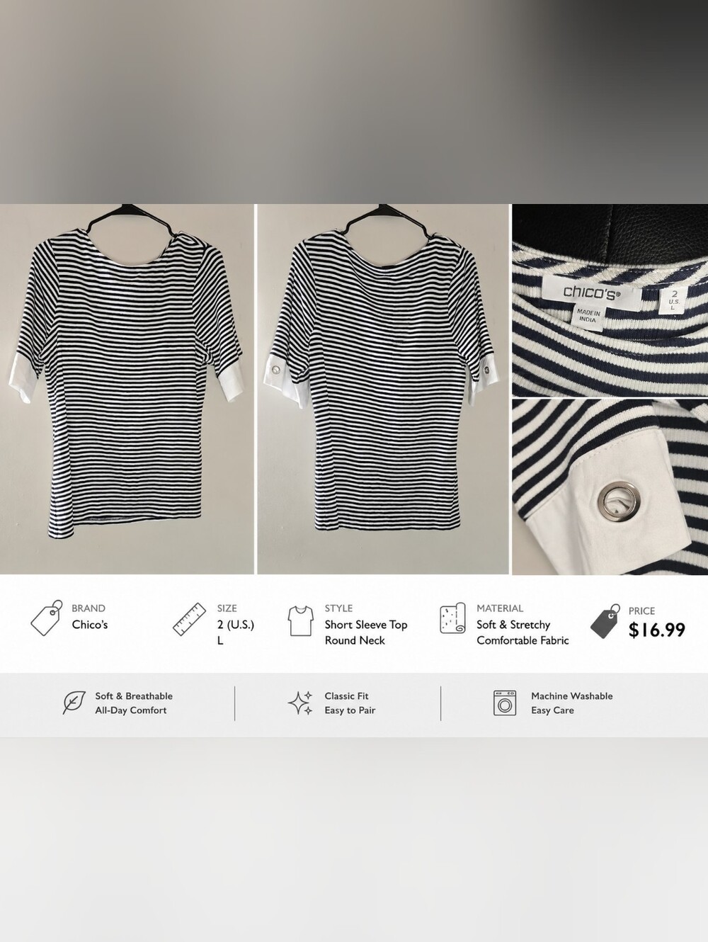 Chico's Black & White Striped Short Sleeve Round Neck Top